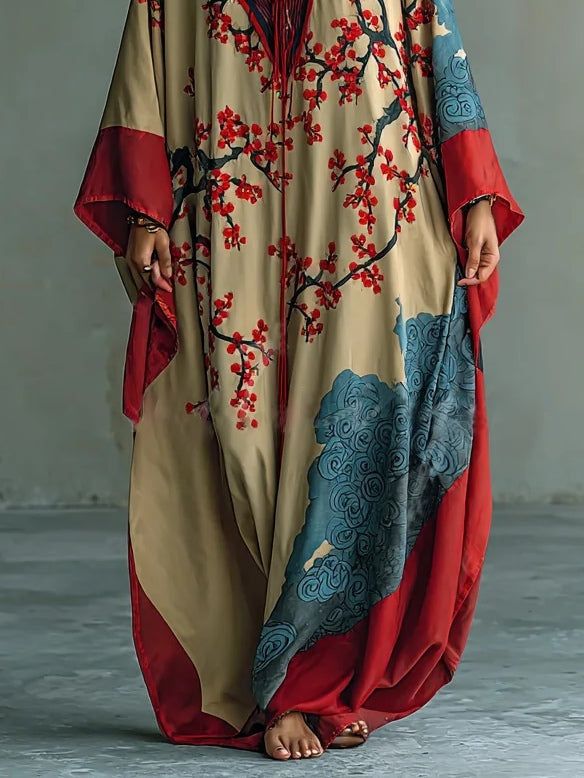 Lisandra | Abito Maxi con Stampa Floreale e Maniche a Pipistrello, Rosso