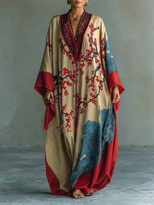 Lisandra | Abito Maxi con Stampa Floreale e Maniche a Pipistrello, Rosso