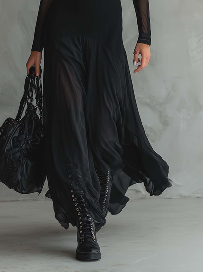 Rosaria | Abito Maxi con Maniche Trasparenti e Gonna a Strati, Nero