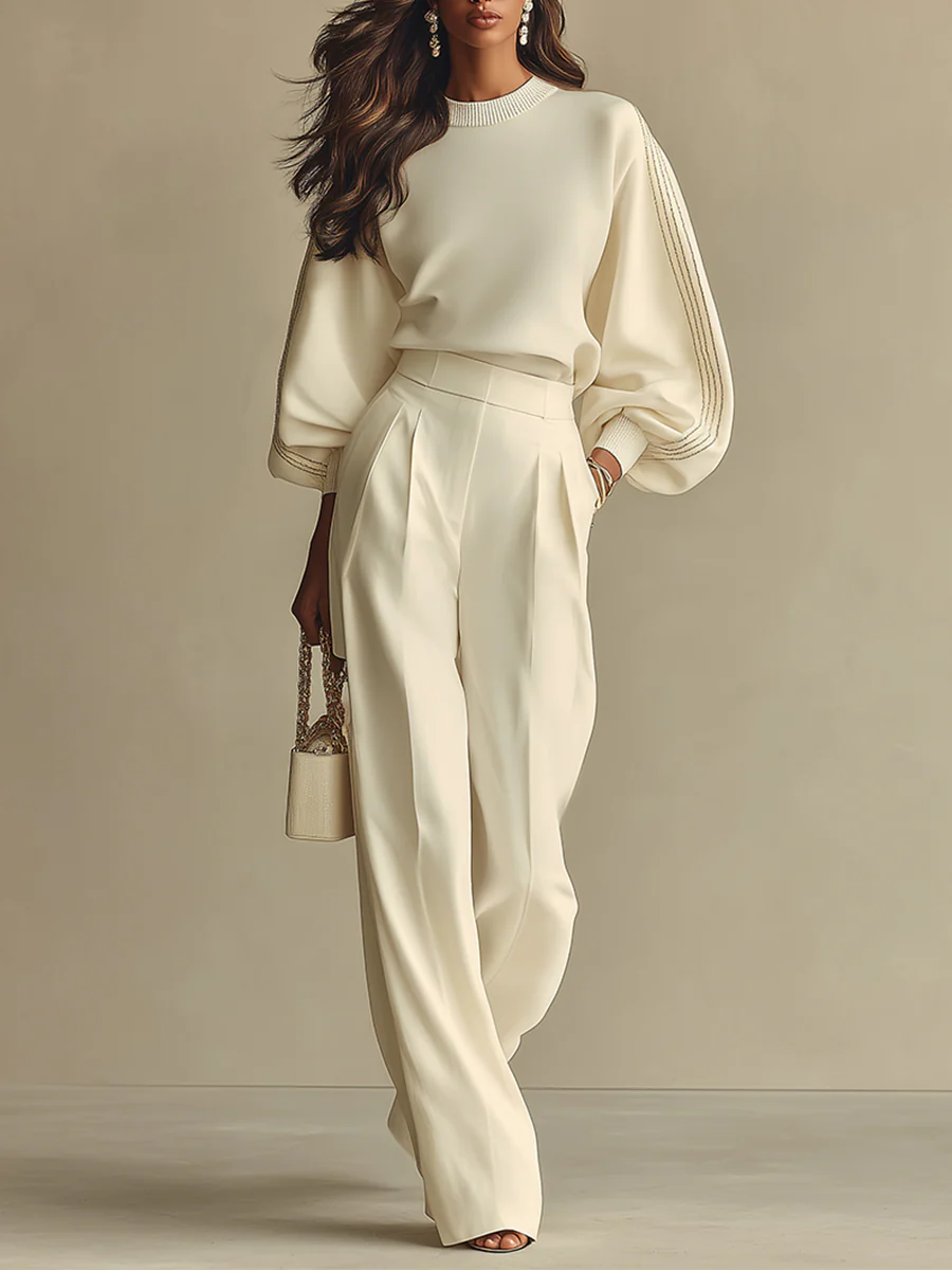 Emilia | Completo Maglione con Maniche Ampie e Pantalone a Vita Alta, Avorio