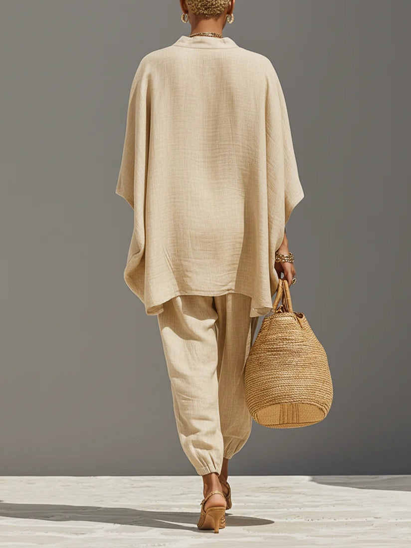 Vanessa | Top e Pantaloni Jogger Minimalisti con Orlo Asimmetrico Color Khaki Chiaro