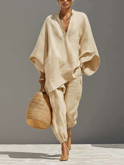 Vanessa | Top e Pantaloni Jogger Minimalisti con Orlo Asimmetrico Color Khaki Chiaro