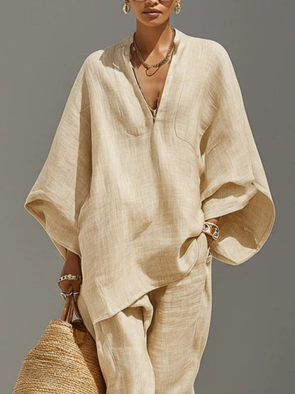 Vanessa | Top e Pantaloni Jogger Minimalisti con Orlo Asimmetrico Color Khaki Chiaro