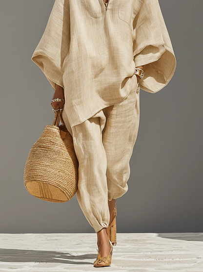 Vanessa | Top e Pantaloni Jogger Minimalisti con Orlo Asimmetrico Color Khaki Chiaro
