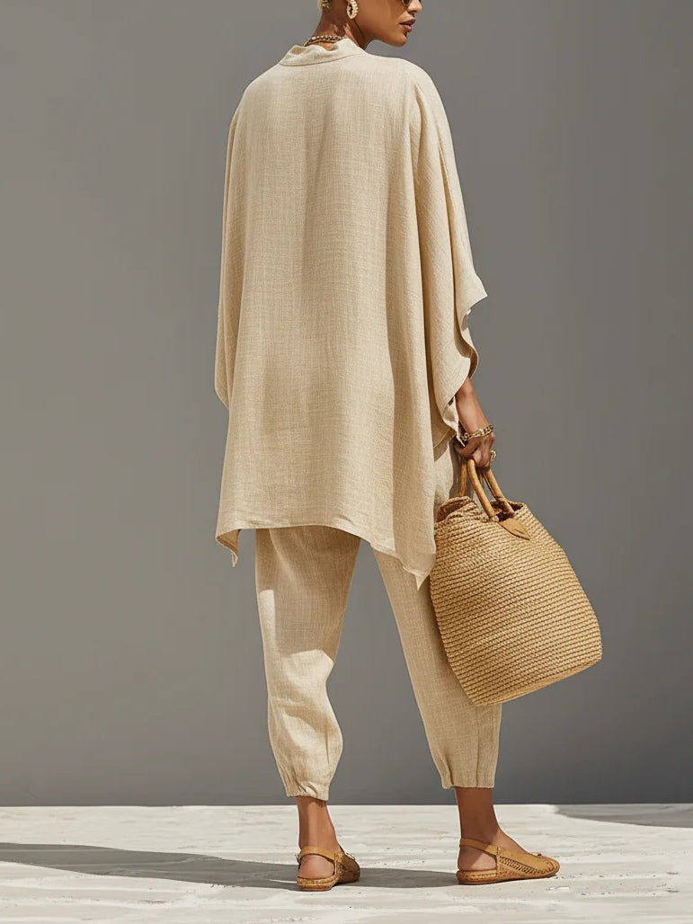 Vanessa | Top e Pantaloni Jogger Minimalisti con Orlo Asimmetrico Color Khaki Chiaro