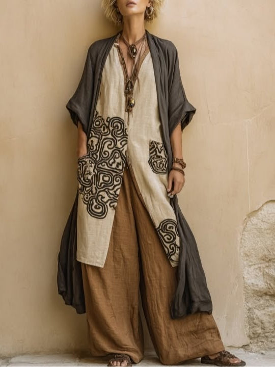 Martina | Set Tre Pezzi Bohemien Nomade Grigio Scuro e Marrone con Motivo Tribale