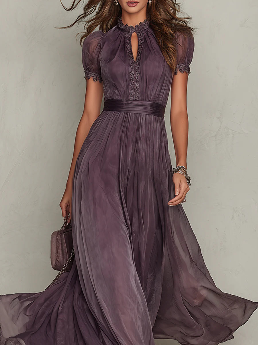 Violette | Abito Lungo in Chiffon con Scollo a Goccia e Pizzo, Viola