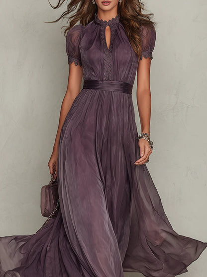 Violette | Abito Lungo in Chiffon con Scollo a Goccia e Pizzo, Viola