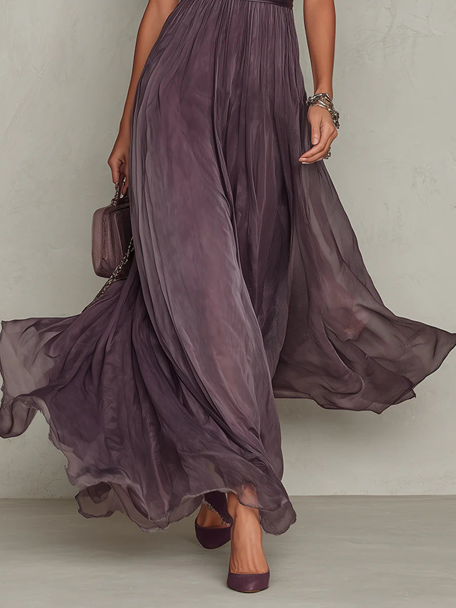 Zita – abito in chiffon viola prugna, dettaglio gonna ampia