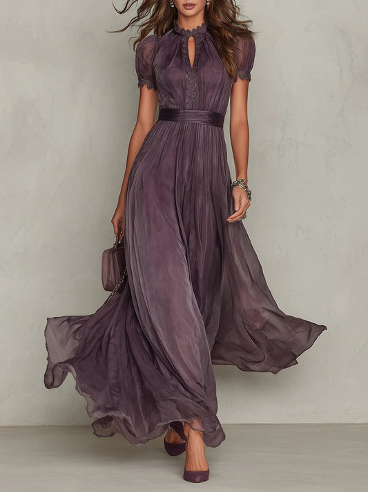 Zita – abito maxi in chiffon viola prugna, vista frontale