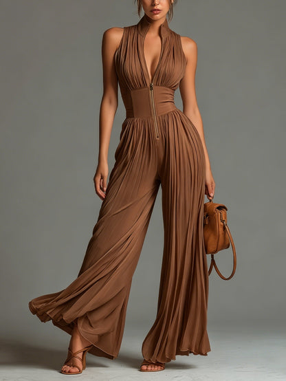 Claudia — Tuta Plissettata in Chiffon Marrone