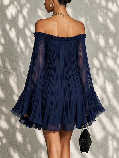 Alessia | Abito Mini Blu Navy a Maniche a Sbuffo e Spalle Scoperte