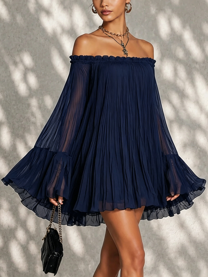 Alessia | Abito Mini Blu Navy a Maniche a Sbuffo e Spalle Scoperte