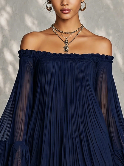 Alessia | Abito Mini Blu Navy a Maniche a Sbuffo e Spalle Scoperte