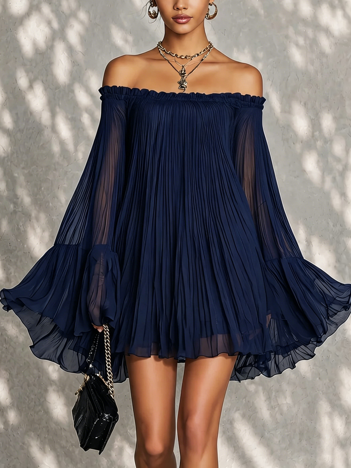 Alessia | Abito Mini Blu Navy a Maniche a Sbuffo e Spalle Scoperte