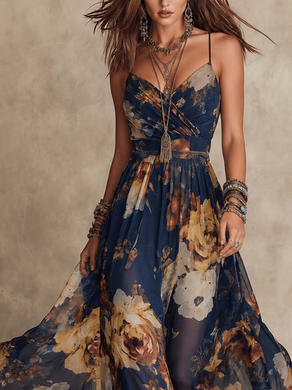 Melissa | Abito Maxi in Chiffon a Fiori con Spalline Sottili, Blu Navy