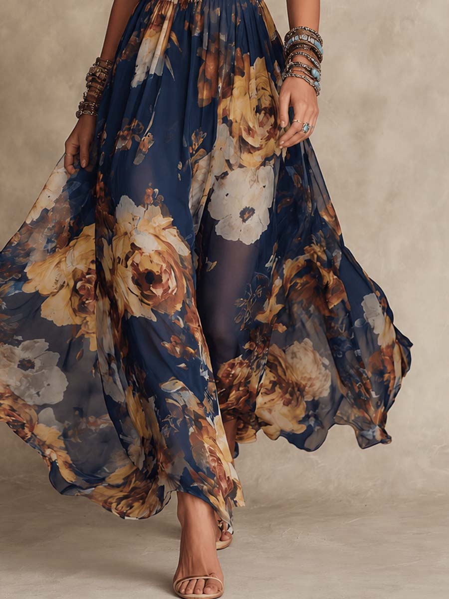 Melissa | Abito Maxi in Chiffon a Fiori con Spalline Sottili, Blu Navy