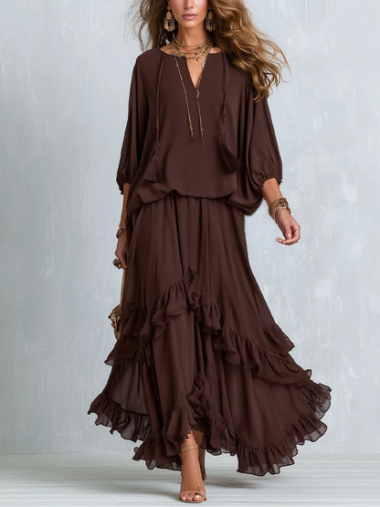 Saveria | completo blusa e gonna a balze, Cioccolato