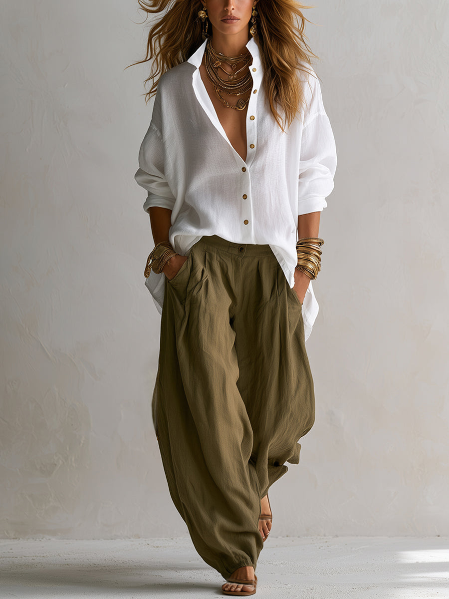 Veronica completo camicia misto lino pantaloni lanterna bianco