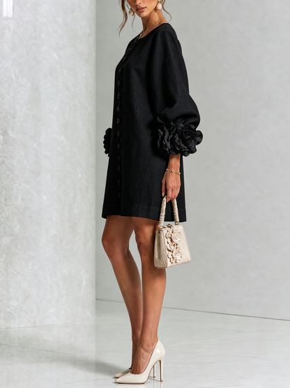 Cecilia | Abito Mini in Misto Lino con Polsini a Rosa, Nero