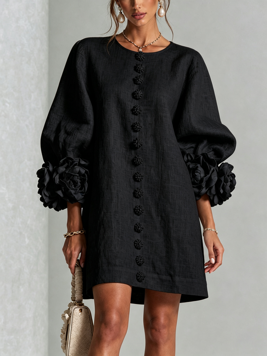 Cecilia | Abito Mini in Misto Lino con Polsini a Rosa, Nero