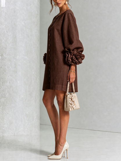 Bruna | Abito Mini in Misto Lino con Polsini a Rosa, Marrone Cioccolato