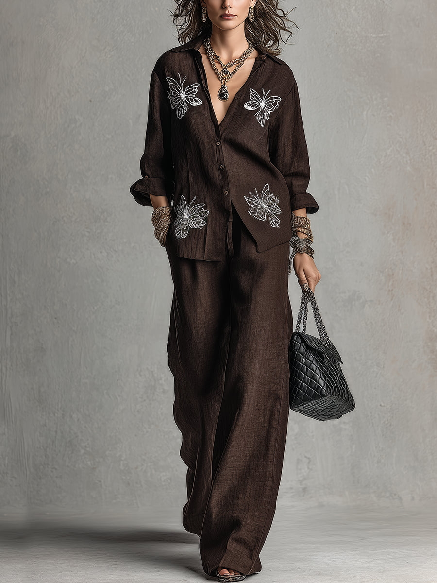 Sabina | Completo Camicia Ricamata e Pantaloni Ampi, Marrone