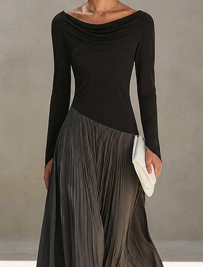 Virginia | Abito Maxi Plissé con Collo Drappeggiato, Nero e Grigio