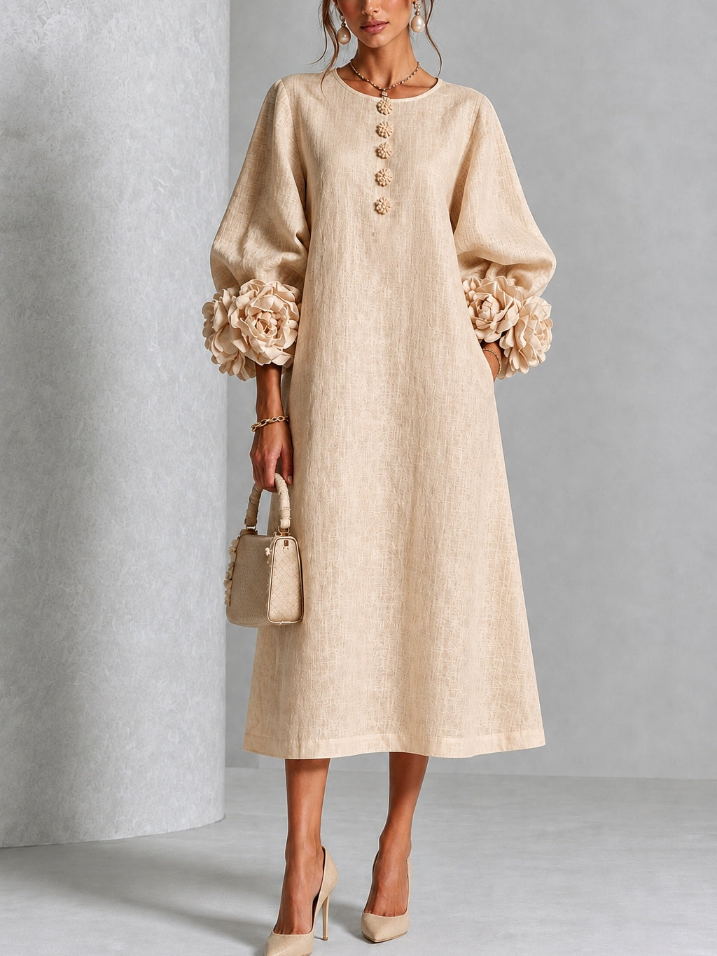 Carlotta | Abito Midi in Misto Lino con Polsini a Rosa, Beige