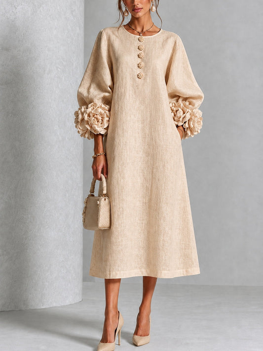 Carlotta | Abito Midi in Misto Lino con Polsini a Rosa, Beige