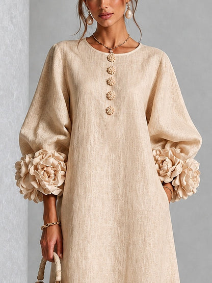 Carlotta | Abito Midi in Misto Lino con Polsini a Rosa, Beige