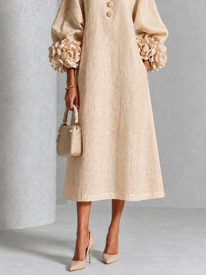Carlotta | Abito Midi in Misto Lino con Polsini a Rosa, Beige
