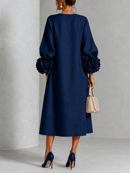 Eleonora | Abito Midi in Misto Lino con Polsini a Rosa, Blu Navy