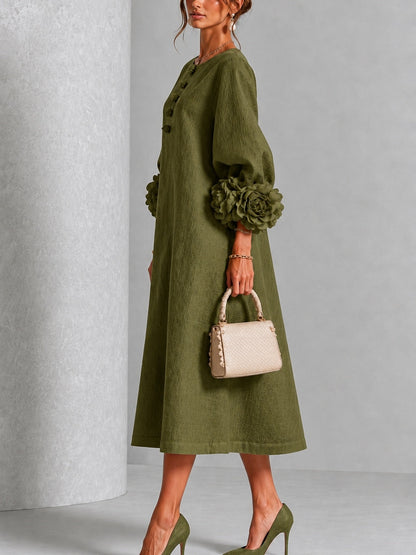 Flavia | Abito Midi in Misto Lino con Polsini a Rosa, Verde Oliva