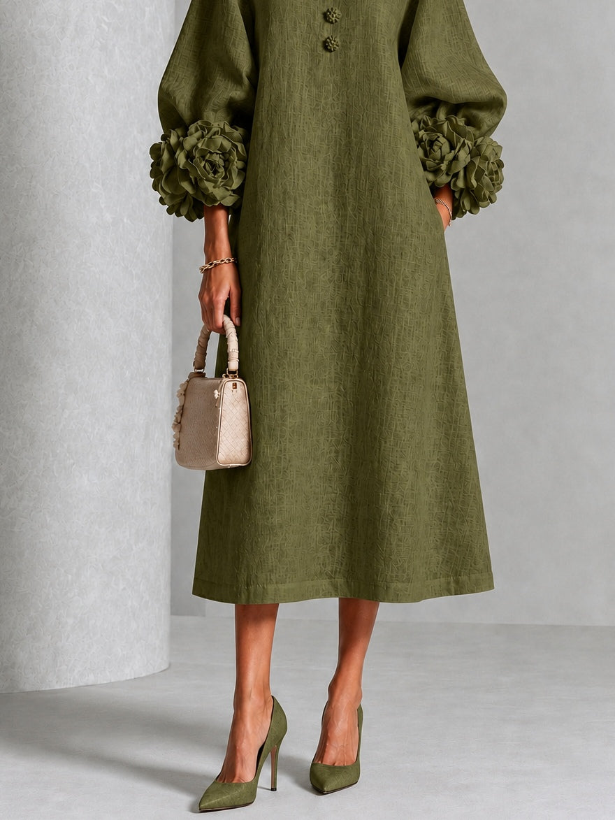 Flavia | Abito Midi in Misto Lino con Polsini a Rosa, Verde Oliva