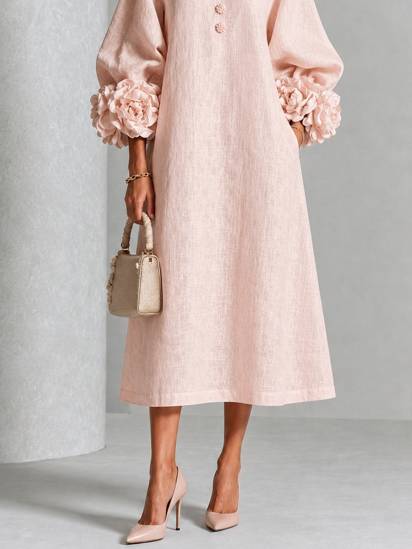 Adele | Abito Midi in Misto Lino con Polsini a Rosa, Rosa