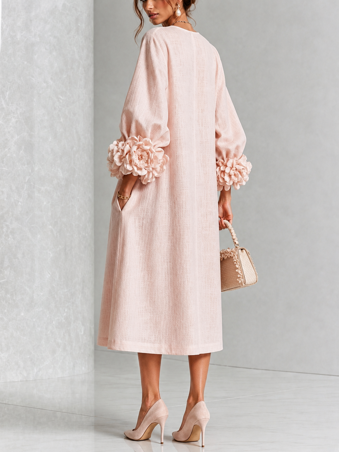 Eglantina – abito midi rosa cipria, retro con tasca nel fianco
