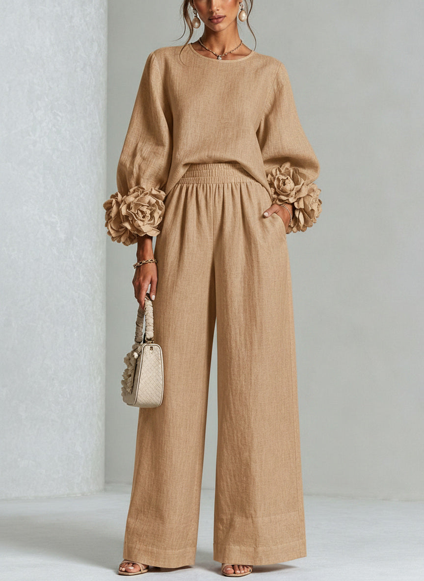 Livia completo in misto lino con polsini a rosa, beige