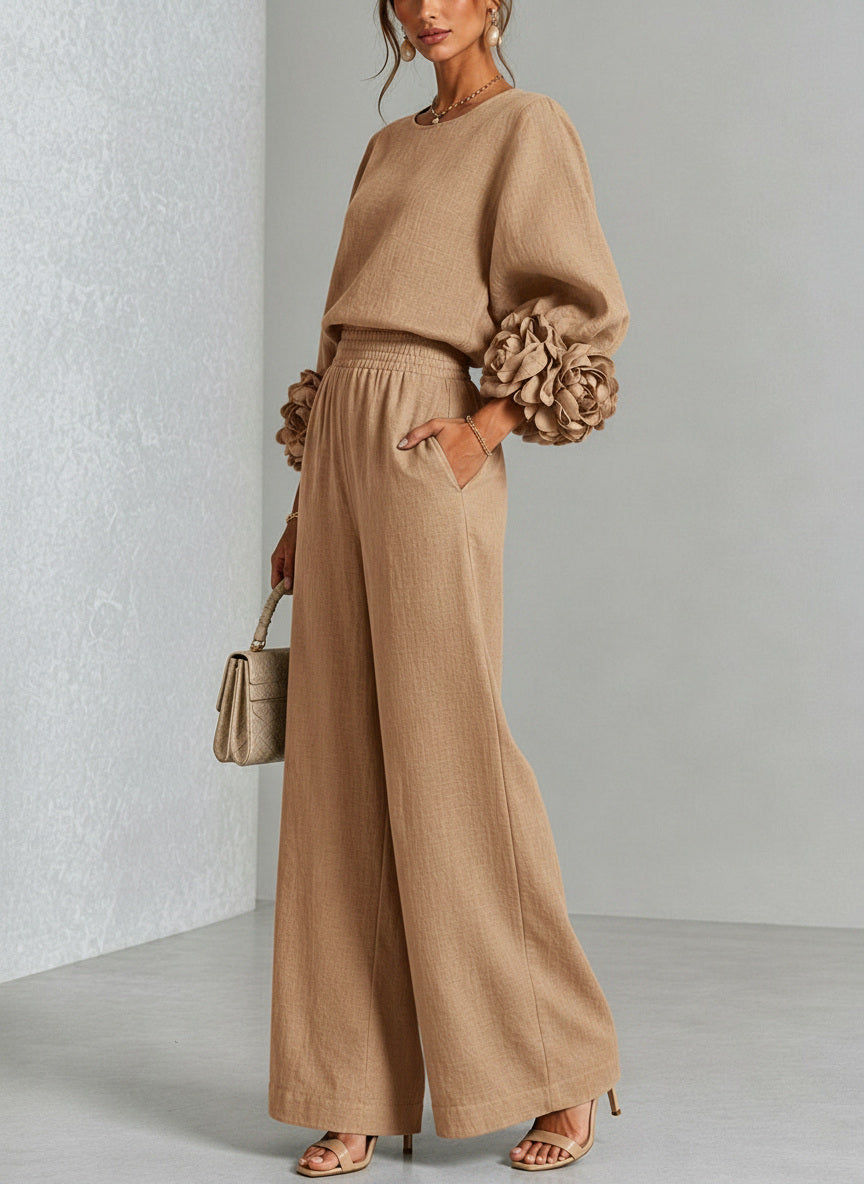 Livia completo in misto lino con polsini a rosa, beige
