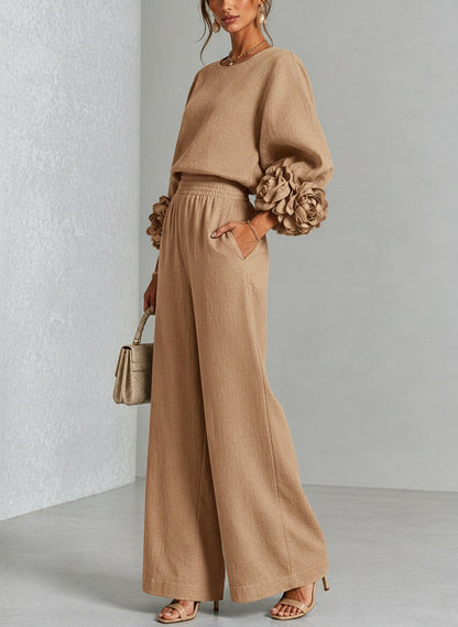 Livia completo in misto lino con polsini a rosa, beige