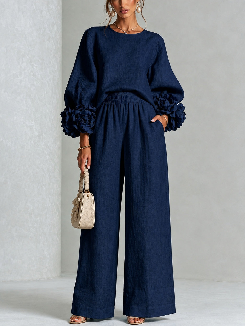 Livia completo in misto lino con polsini a rosa, blu navy