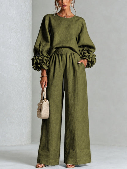 Livia completo in misto lino con polsini a rosa, verde oliva