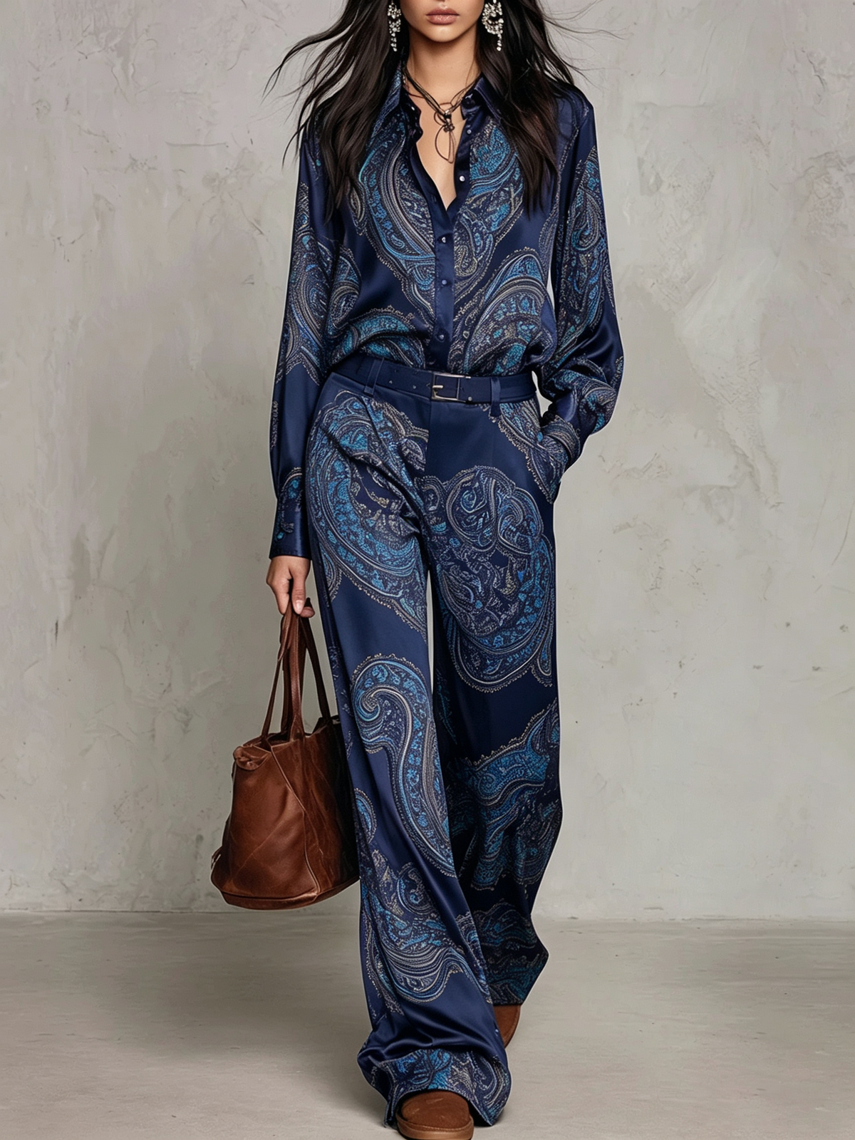 Cassandra | completo camicia e pantalone in raso paisley, Blu Navy