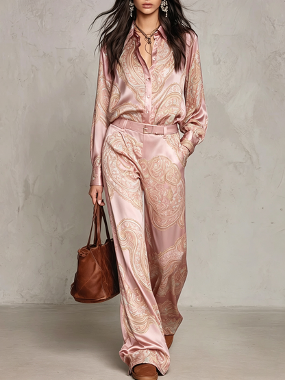 Cassandra | completo camicia e pantalone in raso paisley, Rosa Antico