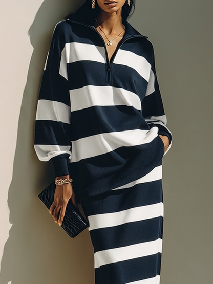 Cosima | Completo Maglia Mezza Zip a Righe e Gonna Midi, Blu Navy