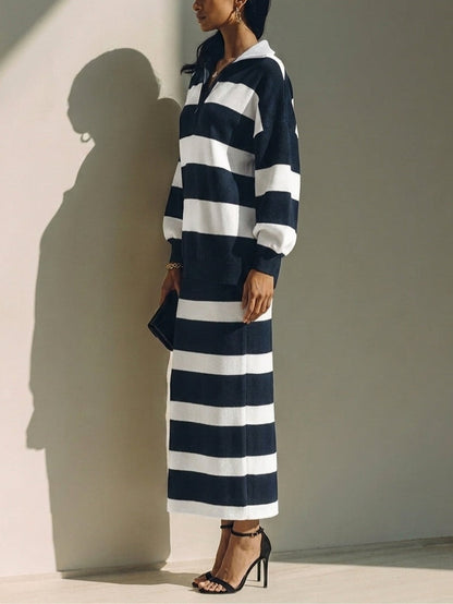 Cosima | Completo Maglia Mezza Zip a Righe e Gonna Midi, Blu Navy