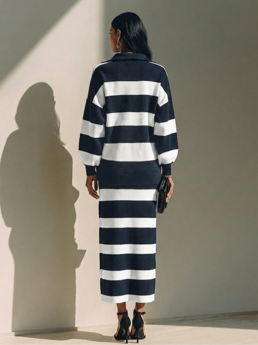 Cosima | Completo Maglia Mezza Zip a Righe e Gonna Midi, Blu Navy