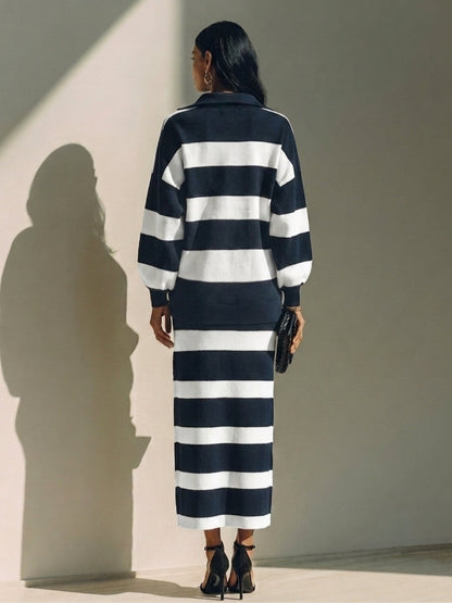 Cosima | Completo Maglia Mezza Zip a Righe e Gonna Midi, Blu Navy