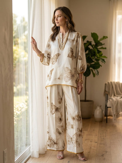 Eloisa | Completo Camicetta a Farfalle e Pantaloni Palazzo, Avorio