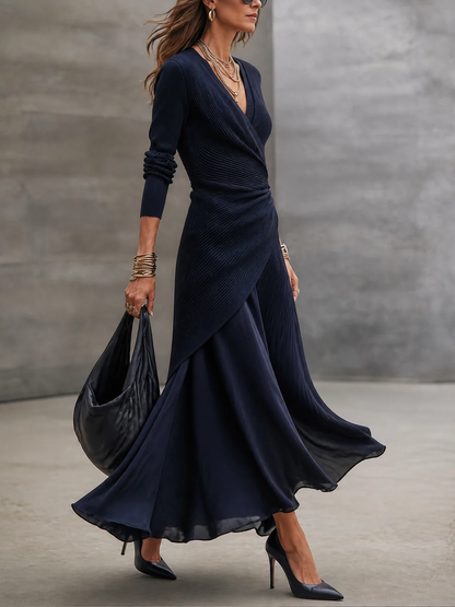 Tamara | Abito Maxi a Portafoglio con Gonna in Raso, Blu Navy